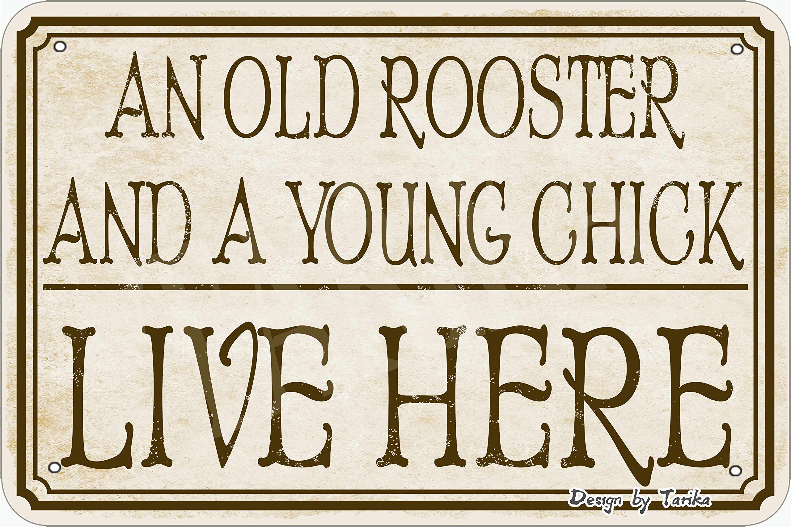 Bigyak Red An Old Rooster And A Young Chick Live Here 20X30 Cm Metal Retro Look Decoration Crafts Sign For Home Inspirational Quotes Wall Decor