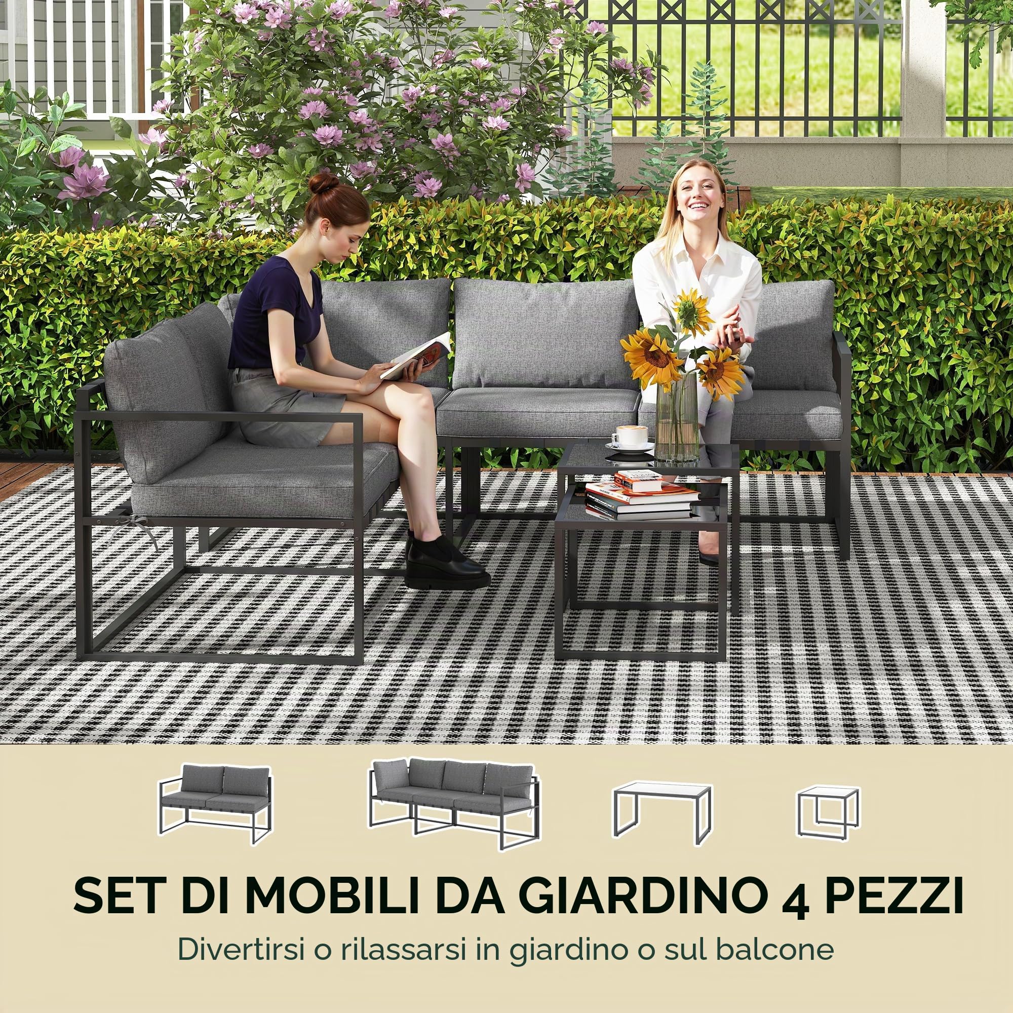 Outsunny Soggiorno da giardino esterno angolare 4 pezzi con divano a 3 posti e 2 posti, 2 tavolini estraibili in vetro temperato, cuscini inclusi, veranda grigio