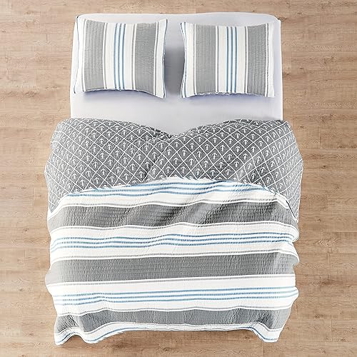 Miniatura 3 de Levtex Home - Colcha Provincetown KingCal King - Costa a rayas - Gris, Blanco y Azul - Tamaño del edredón (106 x 92 pulgadas) - Reversible - Tela de