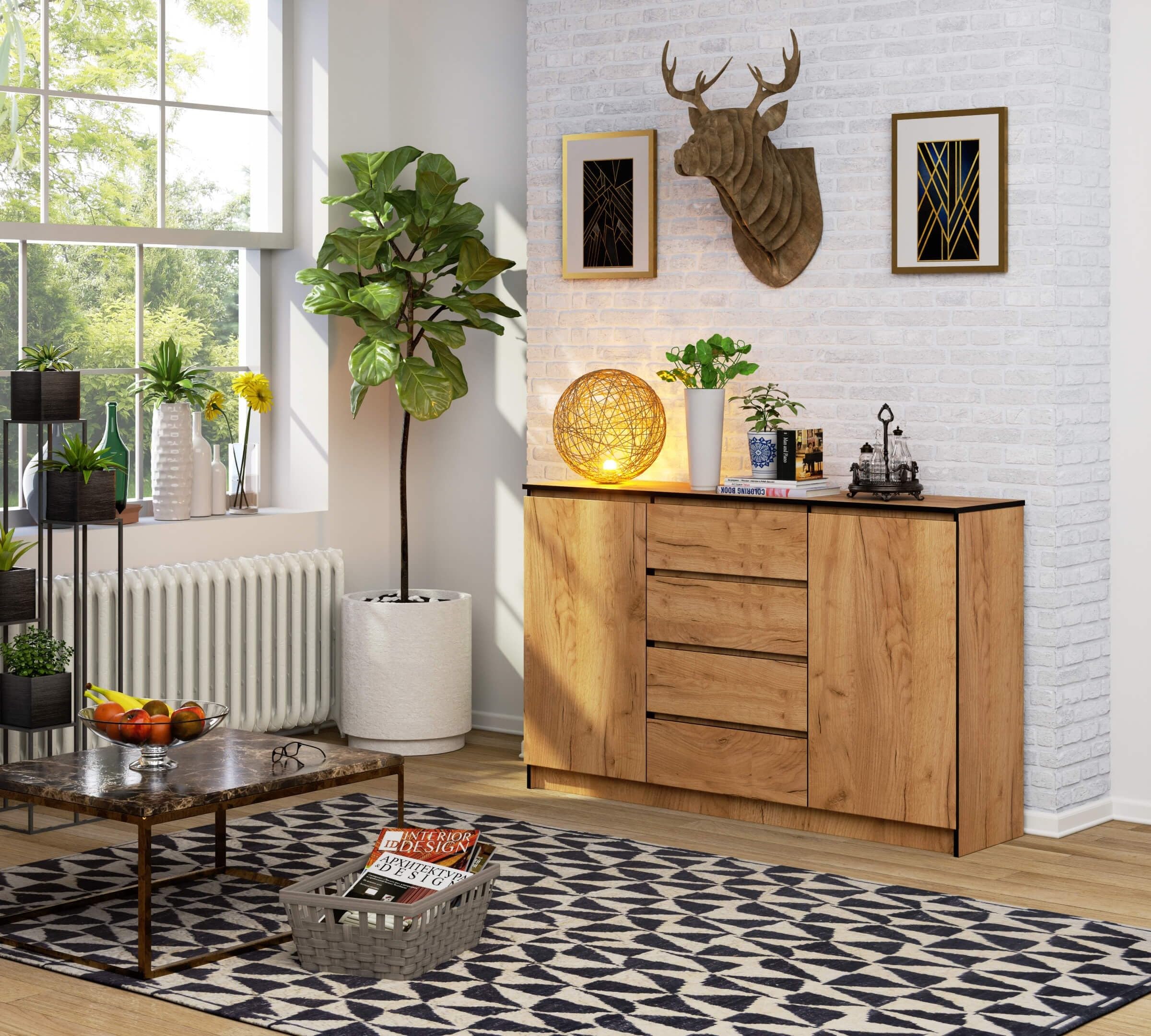 AKORD Kommode K 160 cm | 4 Schubladen und 2 Türen | für Wohnzimmer Schlafzimmer Schrank Wohnzimmer | Modernes Funktionelles Design | Schichtstoffplatte 16mm | Handwerk Eiche