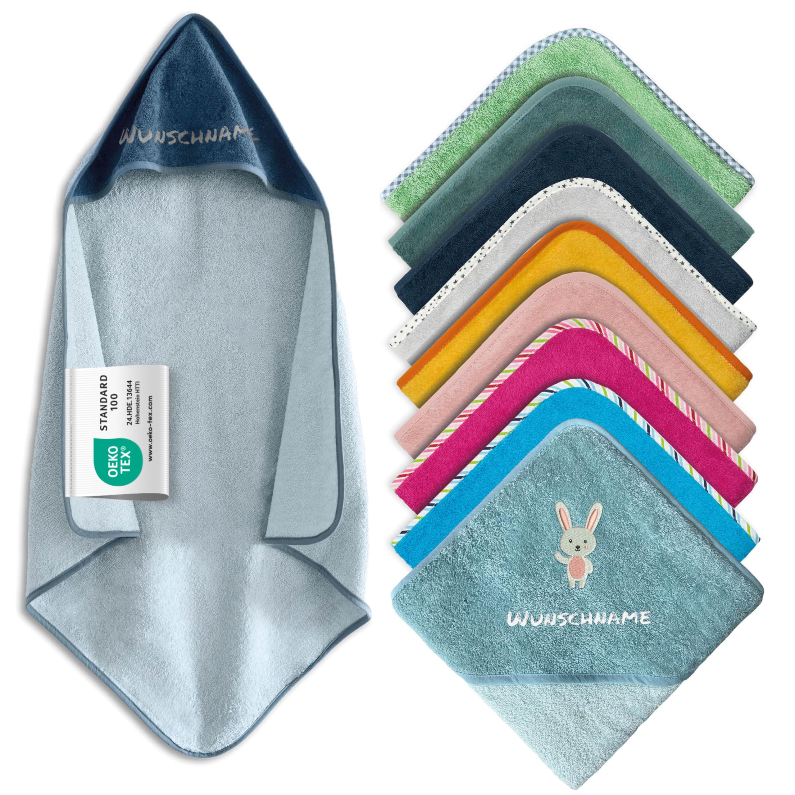 my STITCHERY Kapuzenhandtuch Baby mit Namen Bestickt, Oeko-TEX® Standard 100 - Personalisiertes Babyhandtuch mit Kapuze aus Reiner Baumwolle mit gesticktem Namen und Motiv (Dunkelblau, 100 x 100 cm)