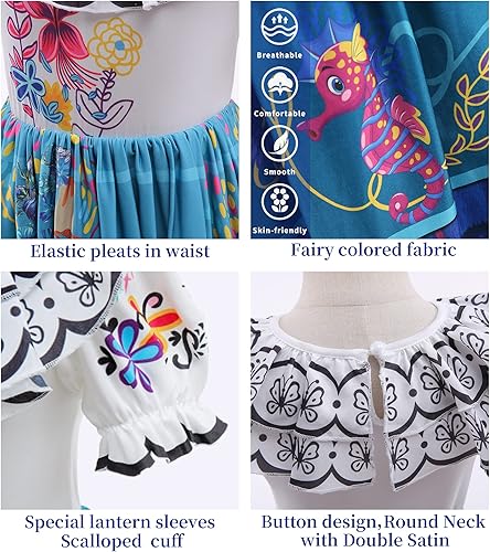 Miniatura 5 de Vestido de Mirabel de Encanto, disfraz de Isabella de Encanto para niñas, Halloween, cosplay, con anteojos, aretes