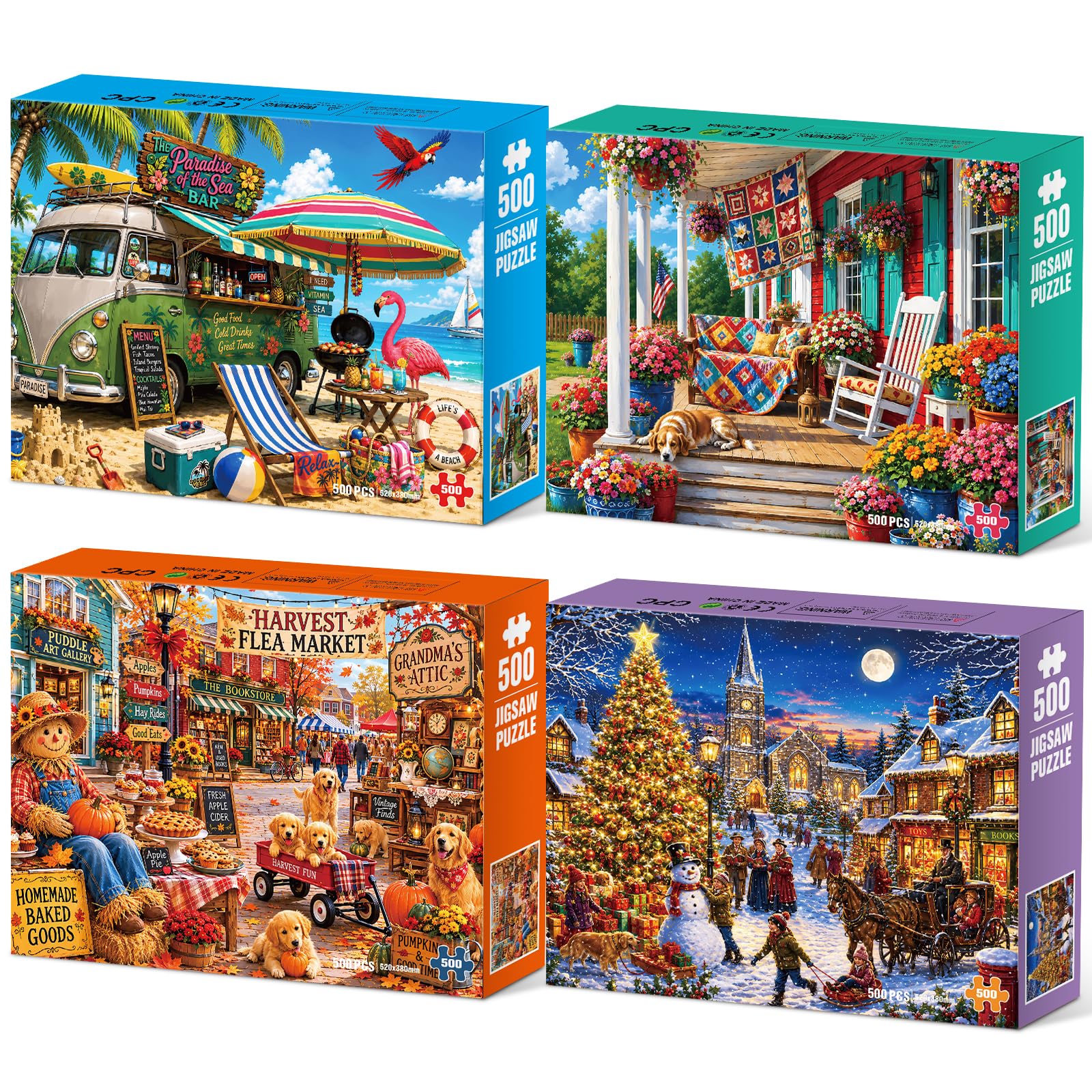 4 Pack 500 Piece Puzzles for Adults, Seasonal Jigsaw Puzzle Set, 20.5x15in