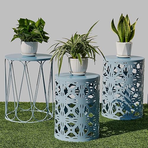 Y&M Juego de 3 mesas auxiliares redondas de alta resistencia, mesa auxiliar, mesa auxiliar para uso multifuncional en interiores, taburete de jardín