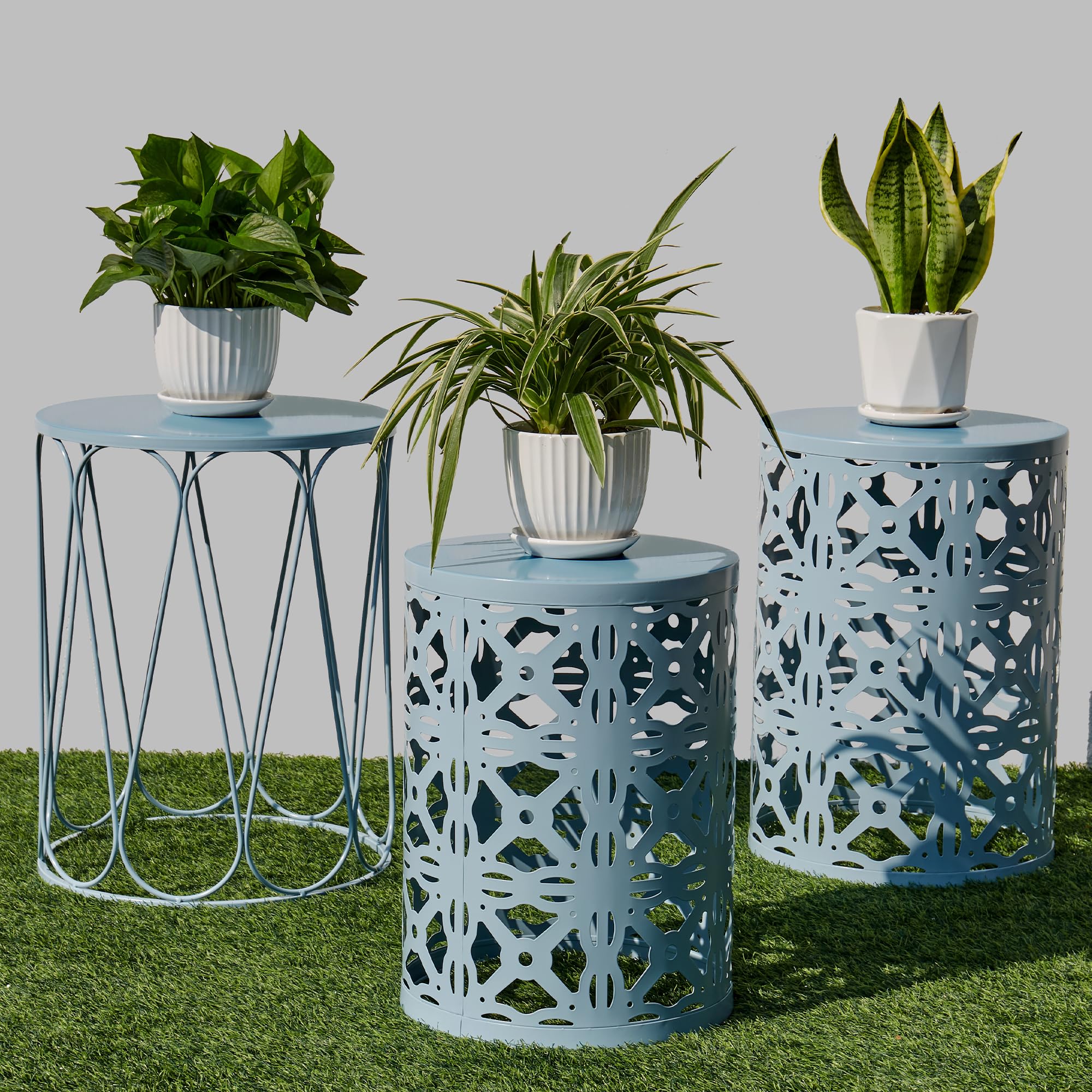 Y&M Set of 3 Heavy-Duty Round End Table, Side Table, Coffee Table for Indoor Multifunctional Use, Outdoor Decorative Garden Stool Plant Stand-Blue