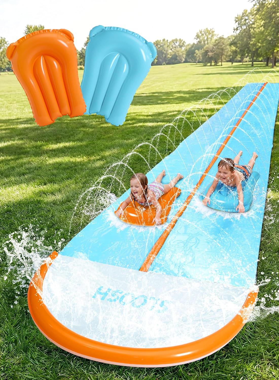 Sloosh 32.5ft Water Slide with 2 Inflatable Boards,Double Lane Lawn Water Slip Sprinkler Long Slides with for Kids Adults Backyard Summer Outdoor Toy