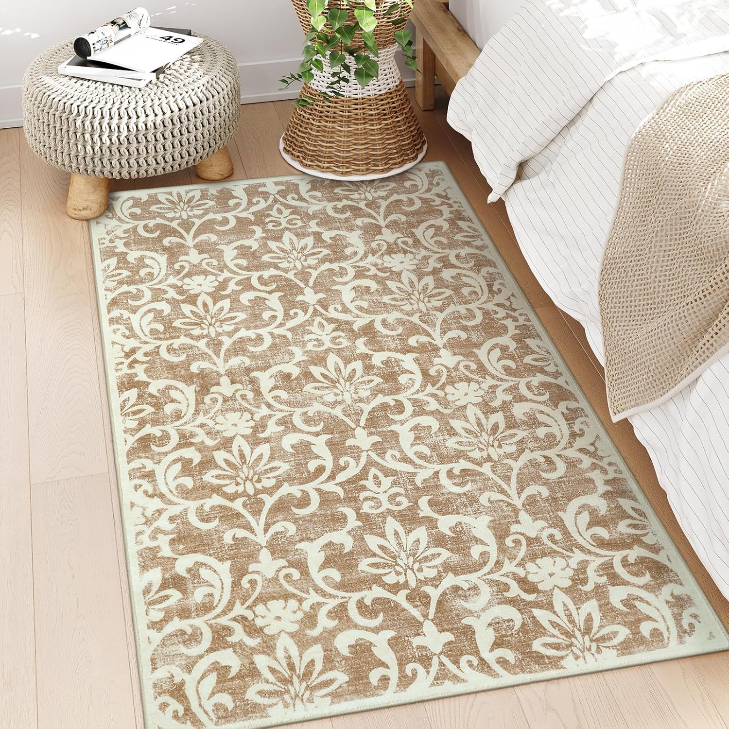 Morebes Floral 3x5 Washable Entryway Rug Indoor, Non Slip Bedroom Area Rug Ultra Soft Living Room Rug, Low Pile Indoor Carpet for Kitchen Laundry Nursery, Khaki