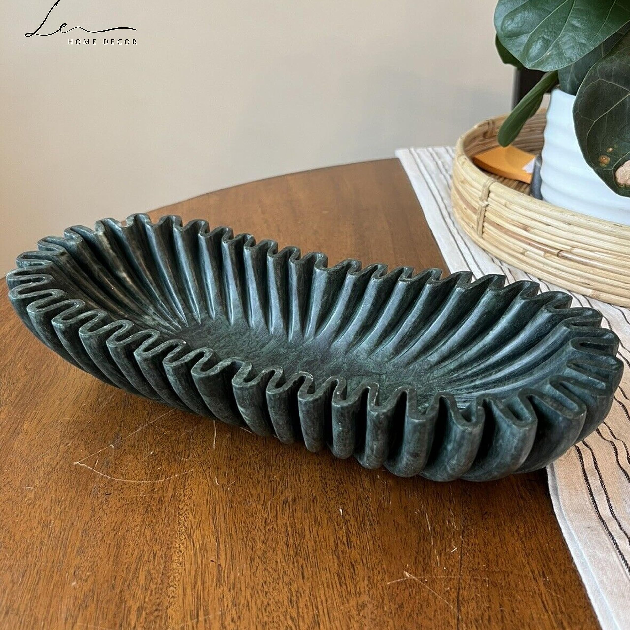 LE HOME DECOR Oval Fluted Green Marble Bowl, Handmade Marble Bowl, Centerpiece Bowl, Home Decor Bowl, Long Marble Fruit Bowl, Scalloped Marble Bowl