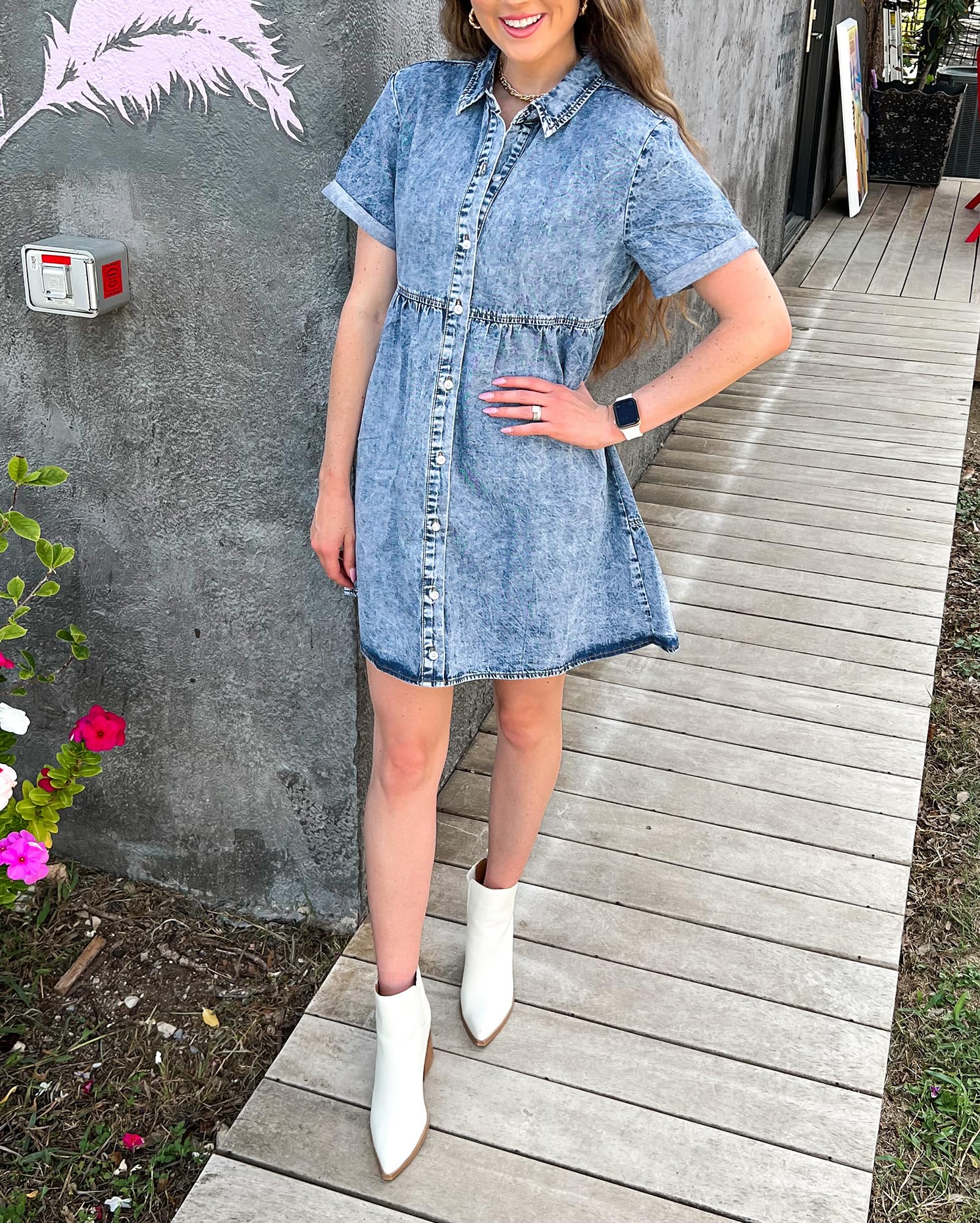 Vetinee Damen Jeanskleid Sommer Kurze Ärmel Button Down Gestaffelt Denim Kleid Freizeitkleider Hemdkleid