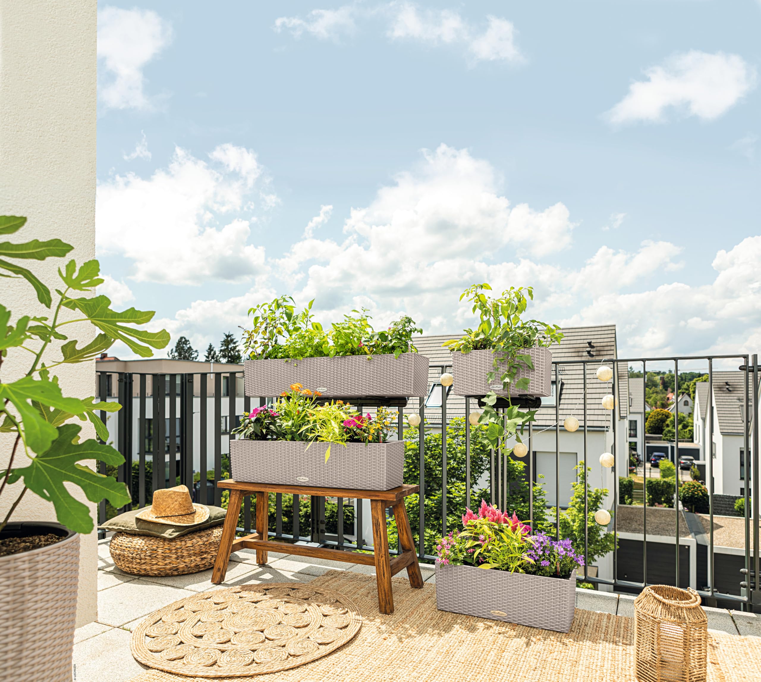 LECHUZA Balconera Cottage 100 Jardinière de Balcon avec système d'irrigation, indicateur de Niveau d'eau et Insert pour Plantes, Aspect tressé, 99 x 19 x 19 cm, 15914