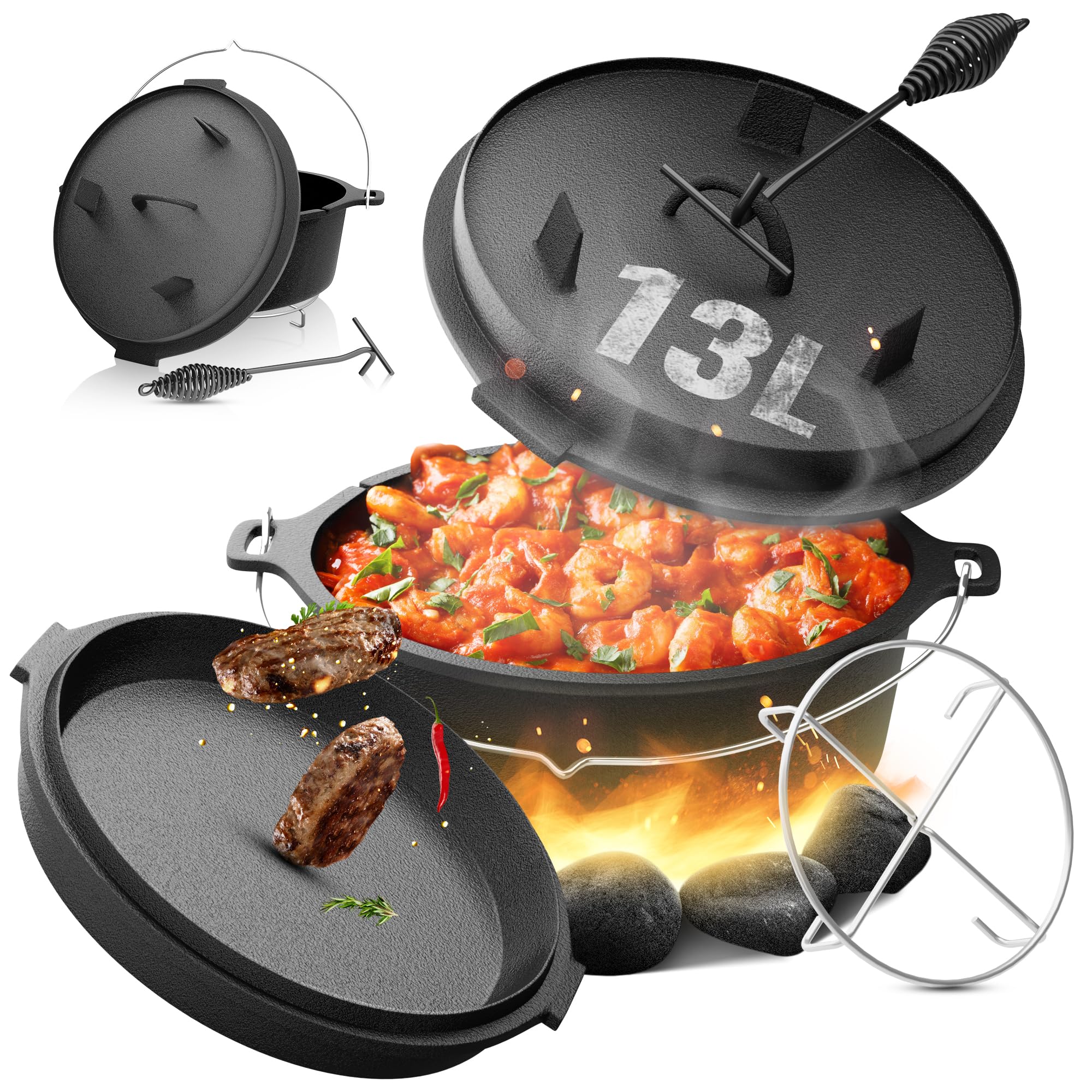 broil-masterDutch Oven with Lid Cast Iron - 13 L, Pre-seasoned, Ovenproof, Ergonomic Handles – Indoor/Outdoor Cookware, Stock Pot for Stews, Grill, Camping, Slow Cooking, Roasting