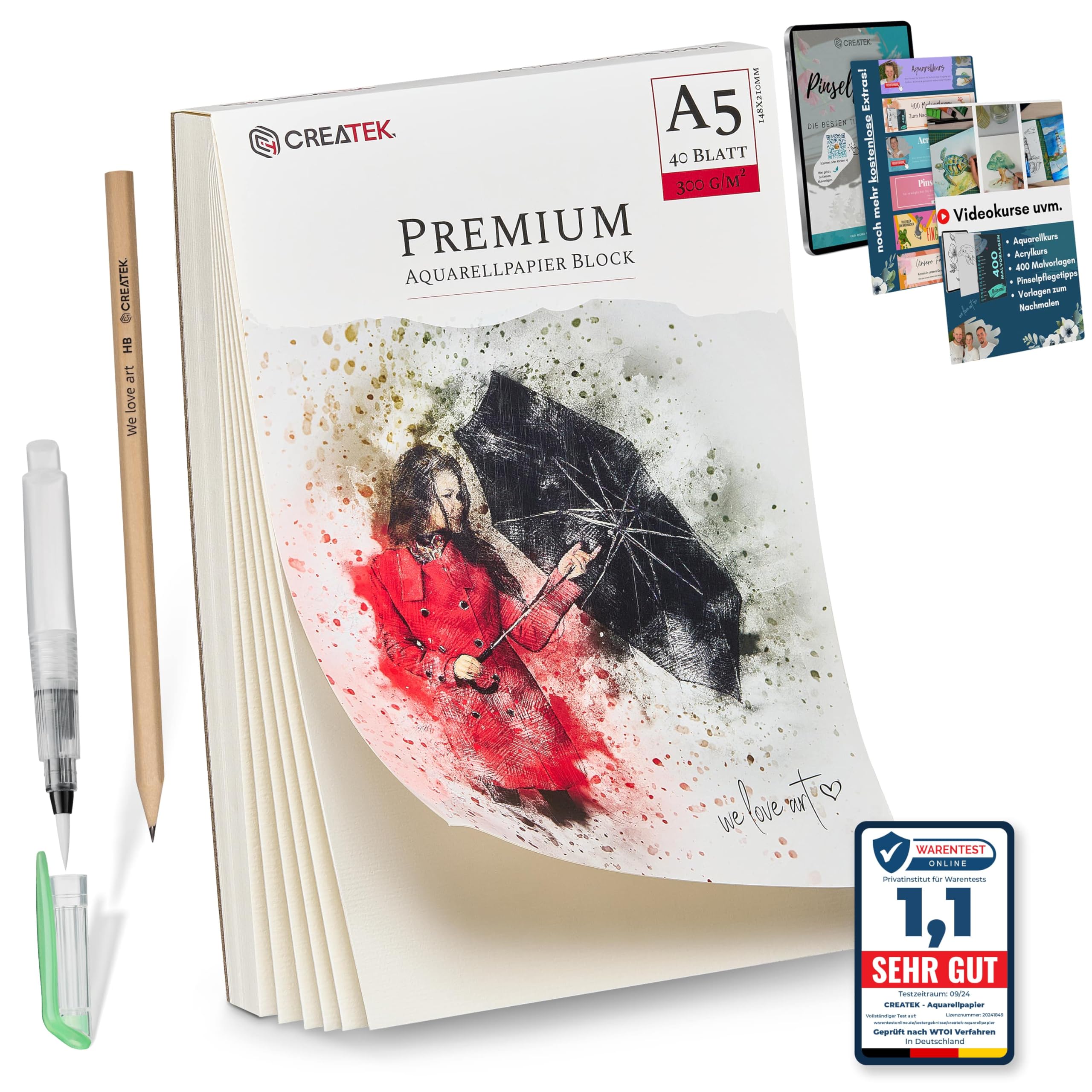 Aquarellpapier A5 300g [Nur bei uns inkl 2 Std Video Kurs] 40 Blatt Aquarellblock A5 + Wassertankpinsel +400 Malvorlagen - Premium Aquarelle Papier A5, Aquarellblock DIN A5, Aquarell Block A5-image-12