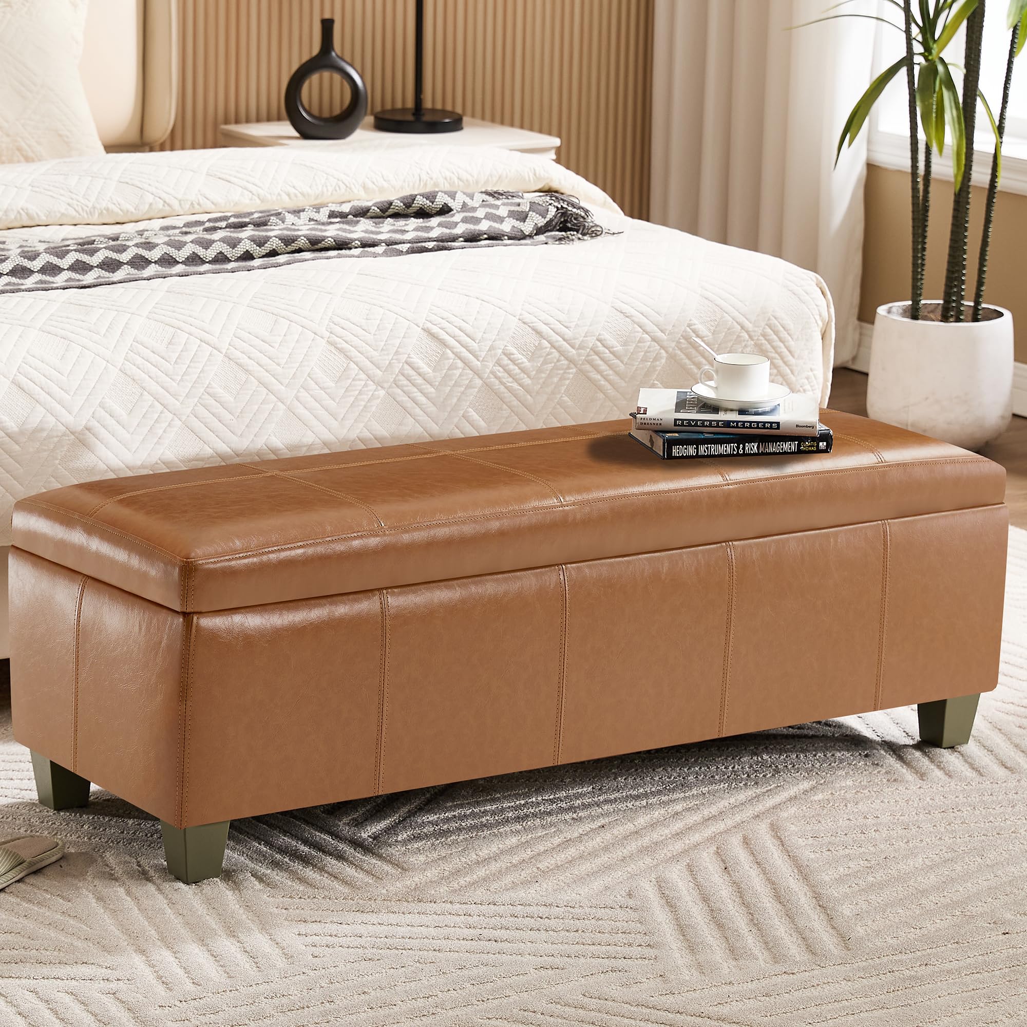 WUTUTUEE 51" Faux Leather Storage Ottoman, Stitch Tufted Rectangle Upholstered End of Bed Storage Bench, Entryway Large Couch Ottoman with Wooden Legs, Light Brown