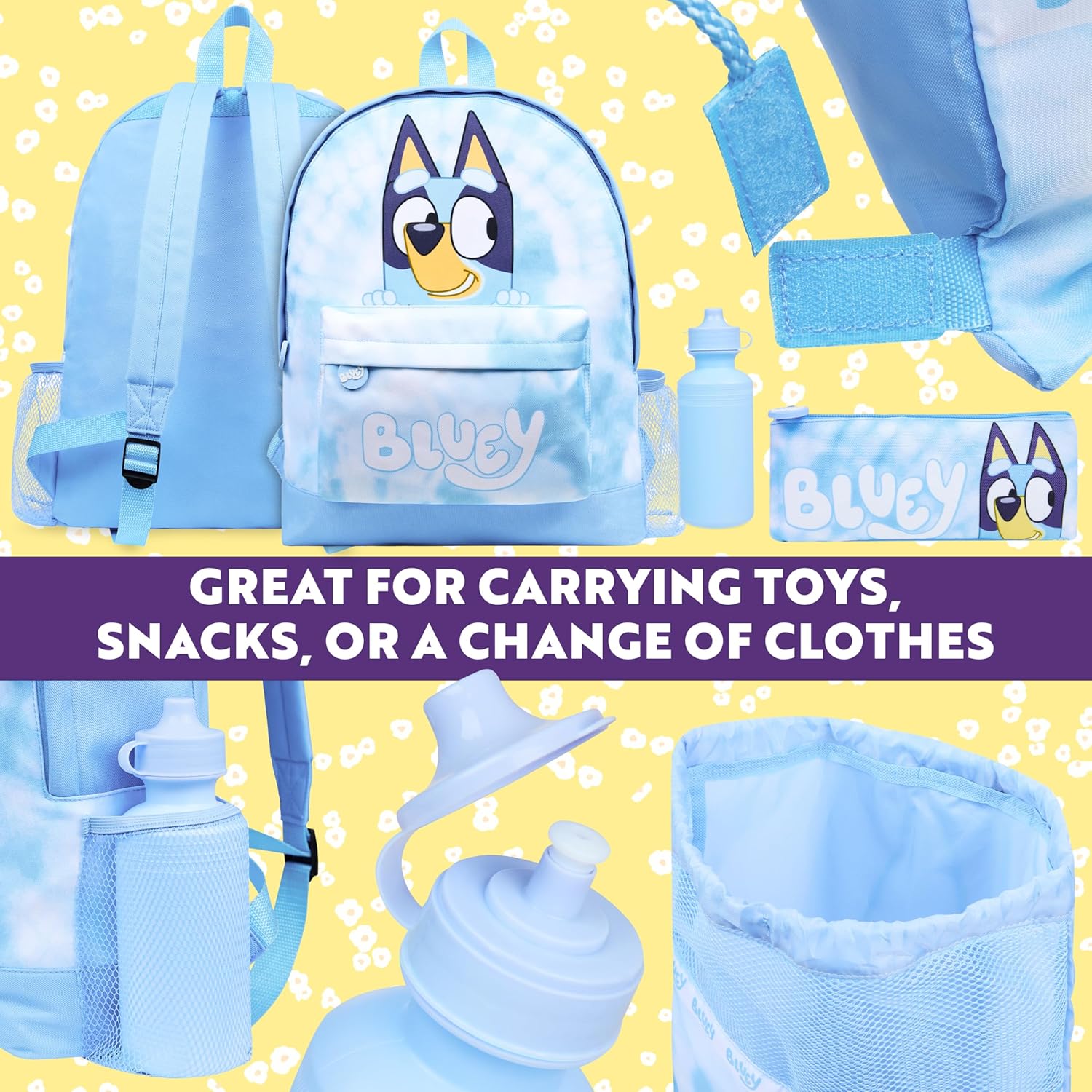 Bluey Backpack Set 4 Pcs with Water Bottle Pencil Case Modern Lunch Bag or Sports Gym Drawstring Bag Gifts for Kids Tie Dye