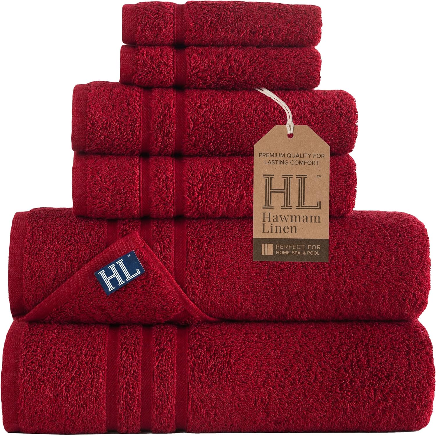 Hawmam Linen Burgundy 6 Piece Bath Towels Set for Bathroom Original Turkish Cotton Soft, Absorbent and Premium 2 Bath Towels, 2 Hand Towels, 2 Washcloths
