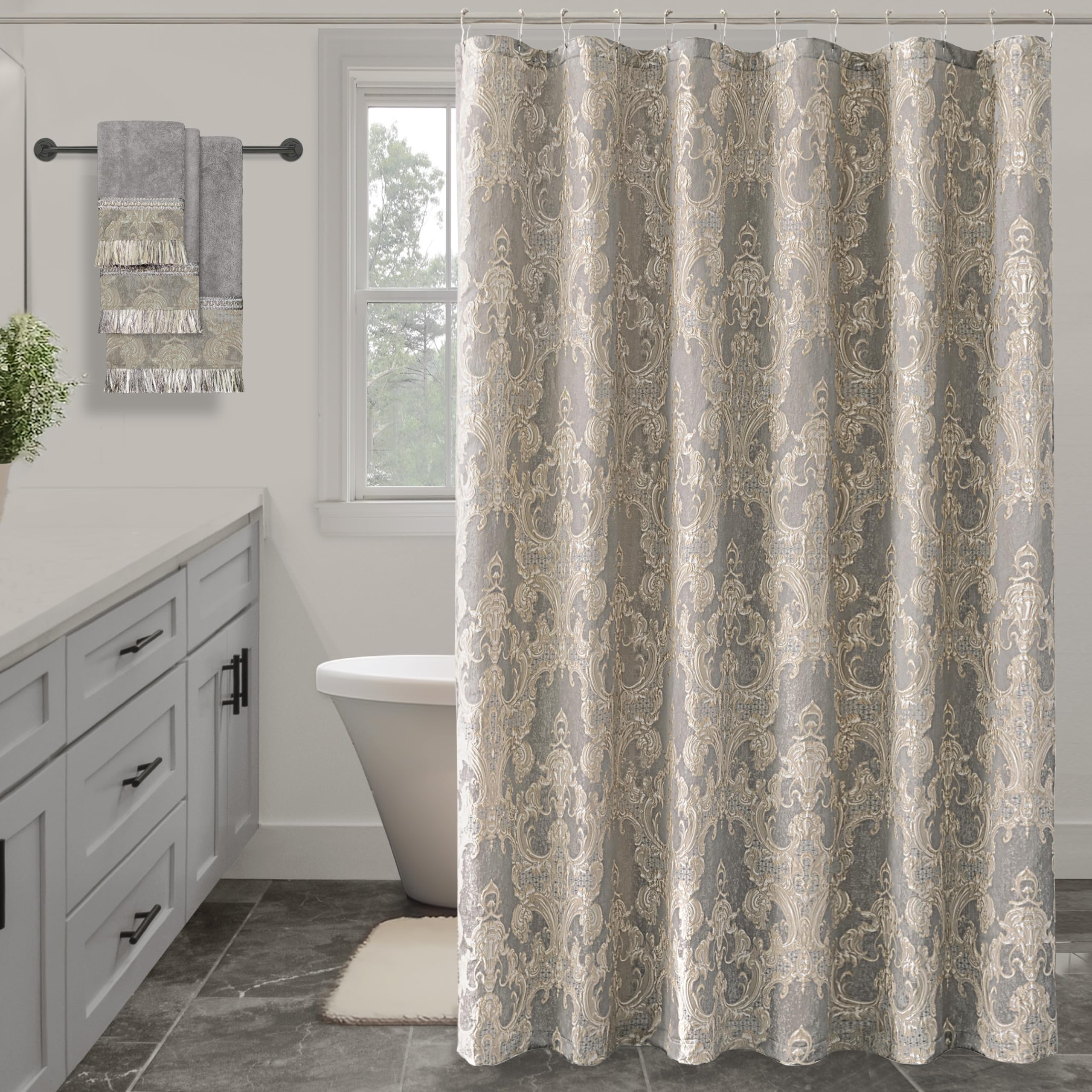 Rideau de douche damassé imperméable gris clair 180 x 180 cm
