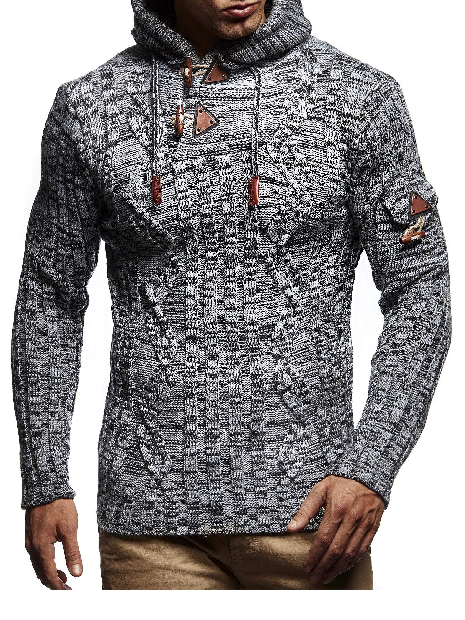 Leif Nelson Men's Pullover Knit Sweater Hooded Hoodie LN-5400 Grey Black Small