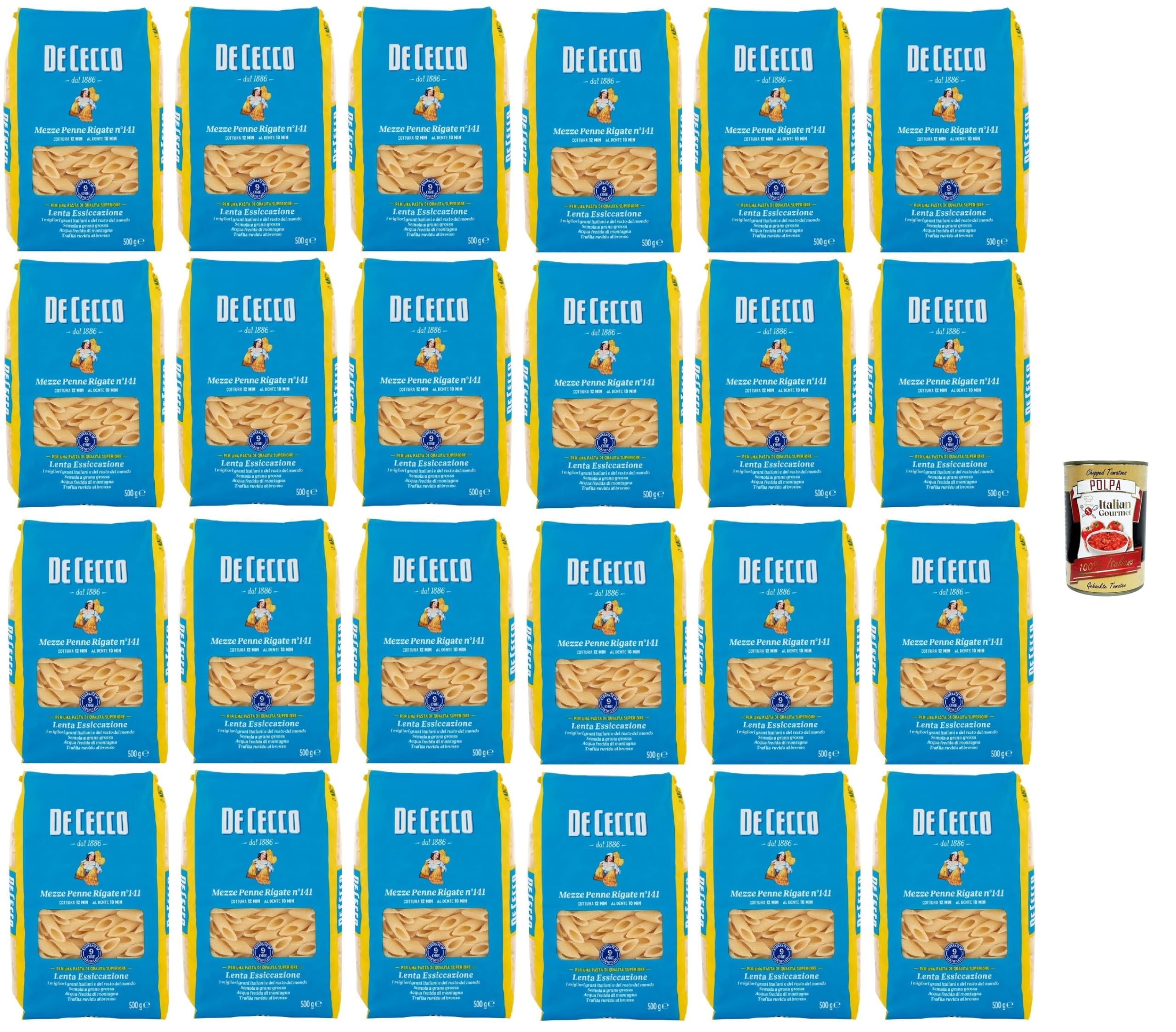 De Cecco Mezze Penne Rigate n°141, pasta 24 x 500 g, hilados de bronce y secado lento, sémola de trigo duro de calidad, cocción 12 min (al diente 10) ideales salsas & gratins + italian Gourmet polpa