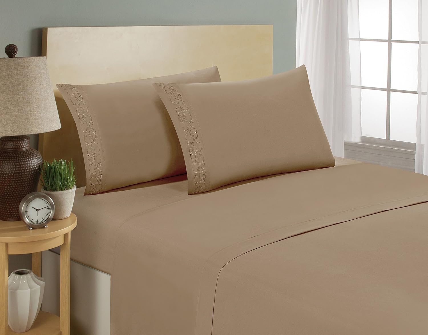 Elegant Comfort 1500 Thread Count Scroll Design Egyptian Quality Luxurious Silky Soft Wrinkle & Fade Resistant 4 pc Sheet Set, Deep Pocket Up to 16" and Colors, Queen Taupe