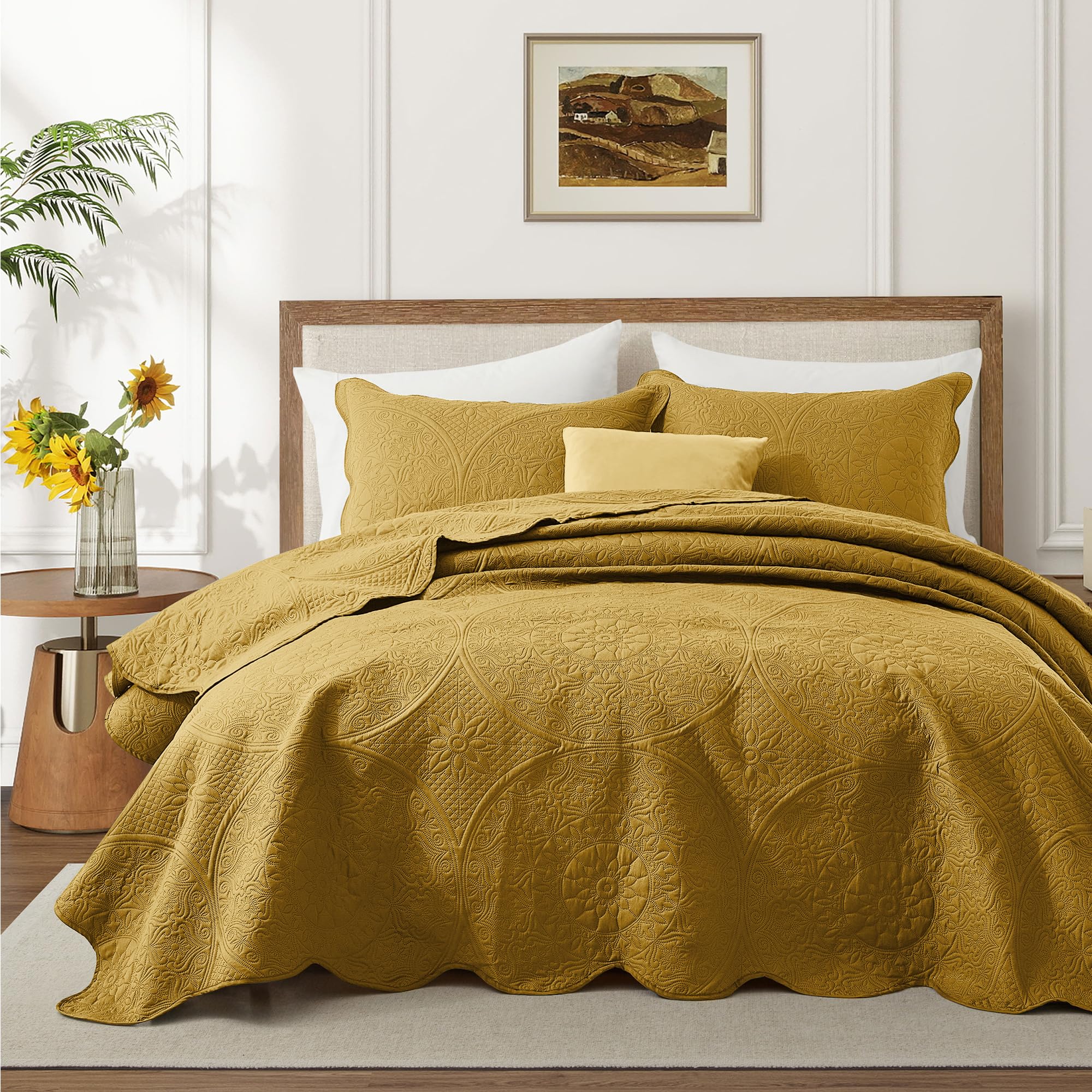 Twin Quilt Set Bedspread Microfiber Bedding Floral Ochre 68x86