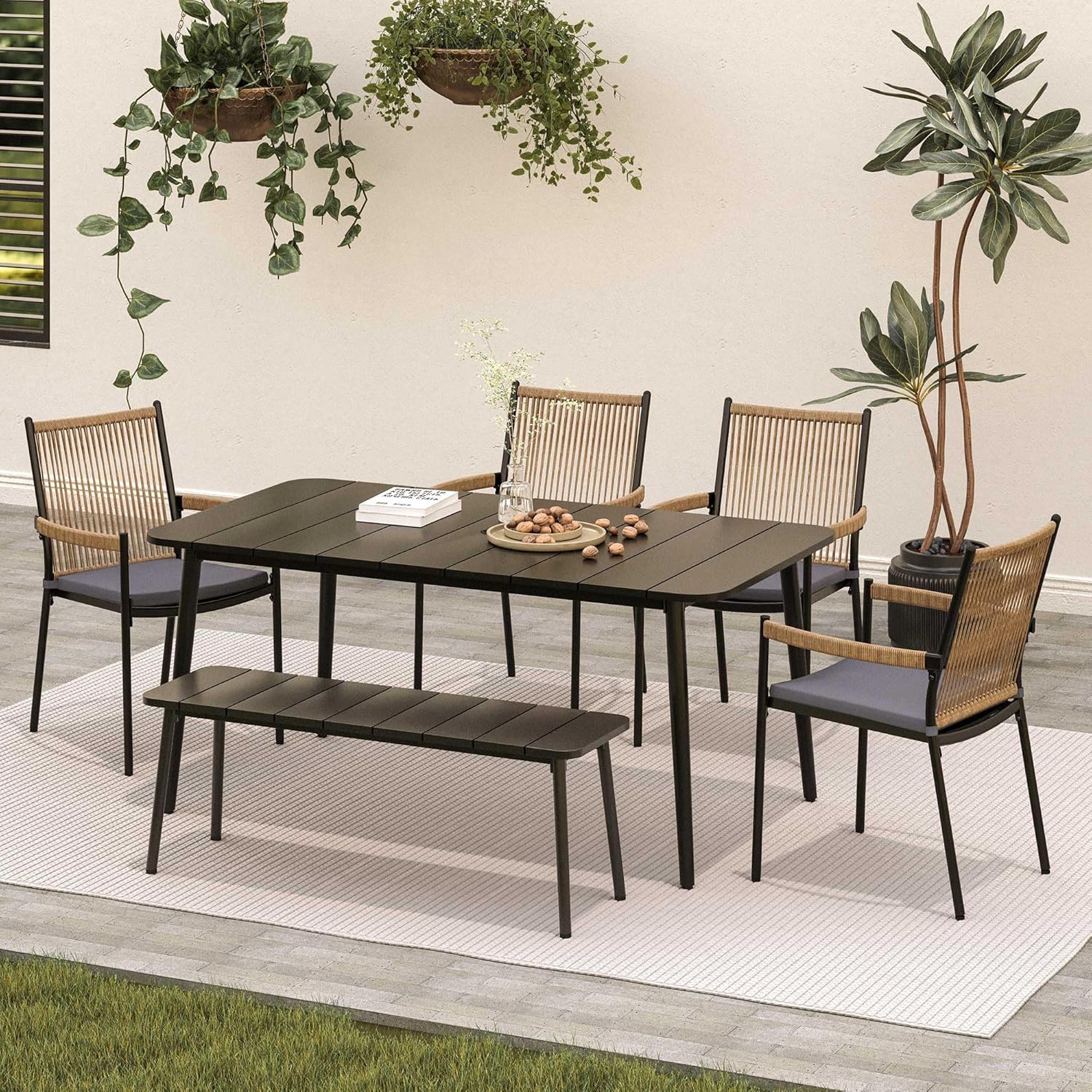 LAUSAINT HOME Outdoor Dining Set for 6, Outdoor Table and Chairs Set with Umbrella Hole, 1 Dining Bench and 4 Chairs for Garden, Backyard, Deck, Balcony, Black
