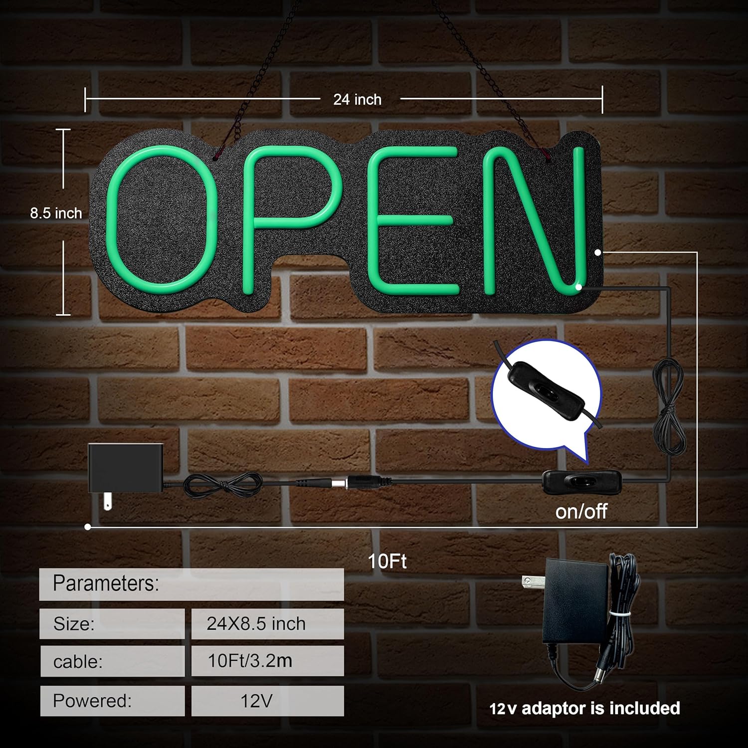 24 inch Neon Open Signs for Business, Open Sign With Textured Backboard LED Anti-Scratch Easy Dedust Neon Light for Business(Green)