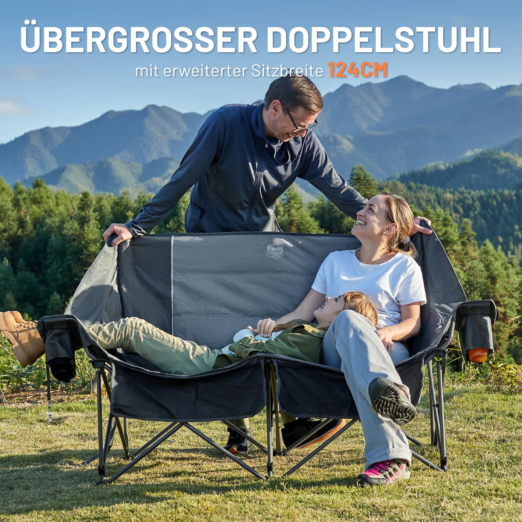 TIMBER RIDGE Campingstuhl Faltbar für 2 Personen 320KG Belastbar Faltsofa Klappstuhl XXL 2 Sitzer Campingsofa mit Getränkehaltern und Seitentasche Hohe Lehne Sessel für Outdoor Camping Balkon Garten