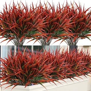 Weldomcor Artificial Plants for Decor Outdoor 8 Bundles Fake Grass Bushes, Faux Greenery Stems Decorative Branch Plant Shrubs Indoor for Home Garden Window Box Patio Pathway Spring Summer Decor (Red)