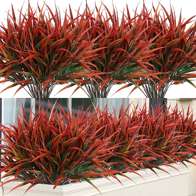Weldomcor Plantes artificielles pour décorer l'extérieur 8 Bouteilles Fausses feuilles d'herbes, Faux vertères Tiges décoratifs Branche Plante Arbustes Intérieur pour la maison Jardin Fenêtre Box Patio Chemin de printemps Summer Decor (Rouge)