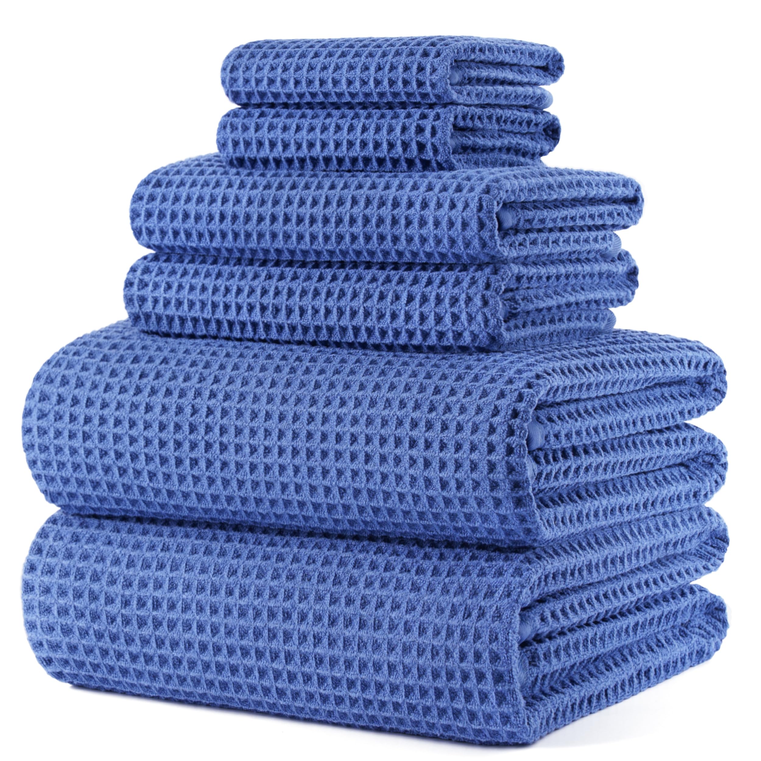 POLYTE 430 gsm Microfibre Quick Dry Lint Free Oversize Bath Towel Set, 6 Piece (Waffle Weave)