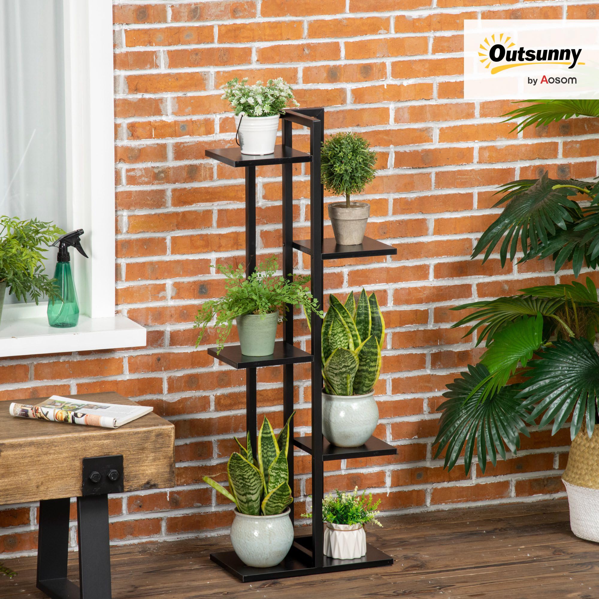 Outsunny Étagère à Fleurs en Acier 5 Niveaux, Intérieur et Extérieur, Support de Plantes, Étagère à Plantes pour Jardin, Balcon, Salon, Chambre, 40 x 22 x 113 cm, Noir