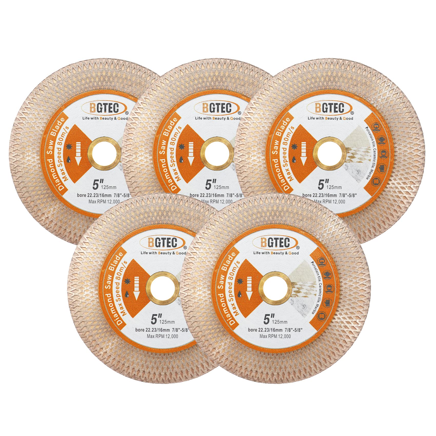 BGTEC Disco Diamantato corte Porcelanico - 5 Pezzi 125MM Lame Diamantate Taglio bilaterale con griglia a X per Porcellana, Granito, Ceramica, Quarzo e Marmo