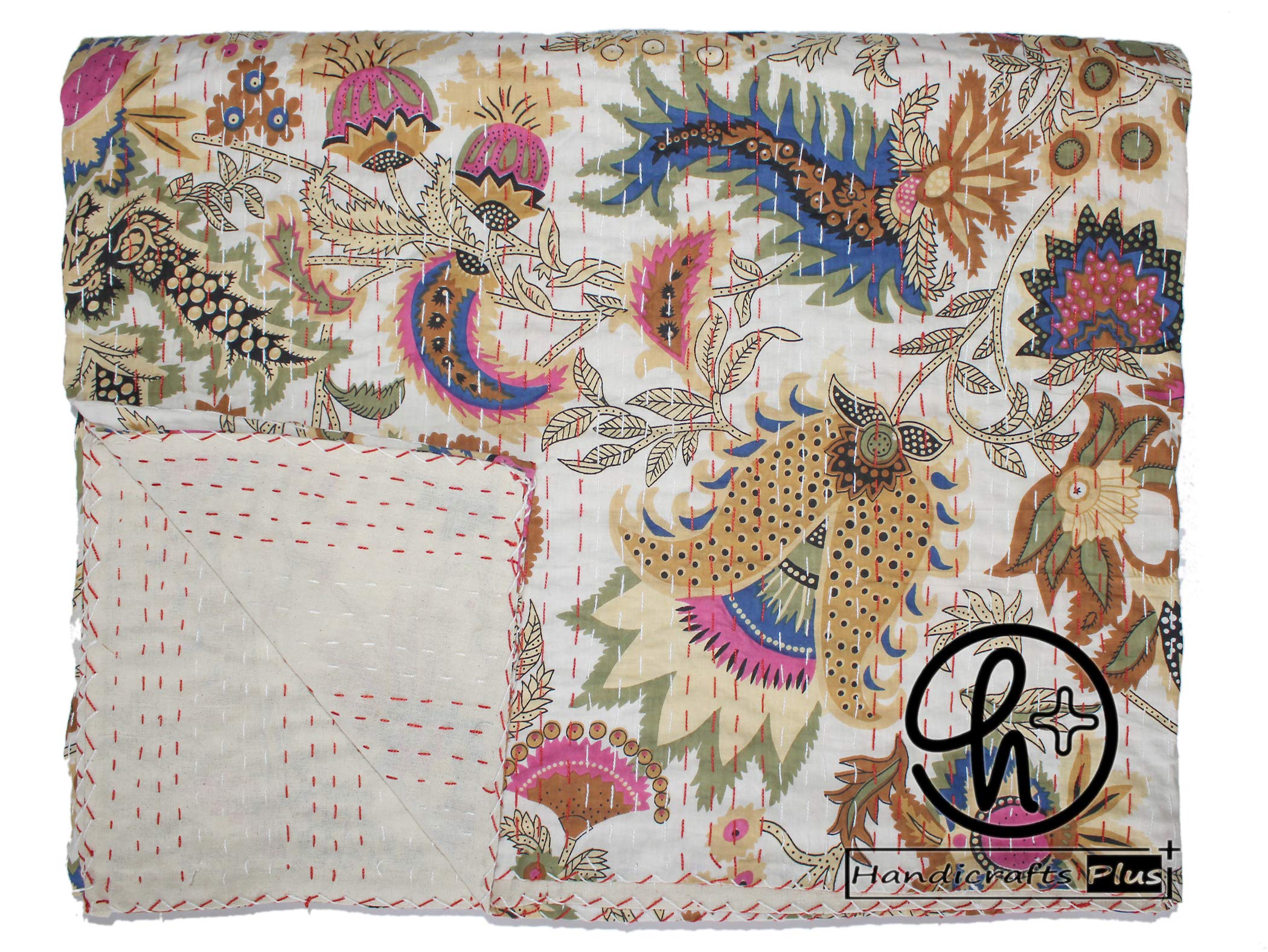 Handicrafts Plus 100% Cotton Kantha Quilt Indian Handmade Sewing Bedding Blanket Mukut Design White Color King/Queen, Single/Twin Size Bedspread Gudari (Single/Twin (60 X 90))