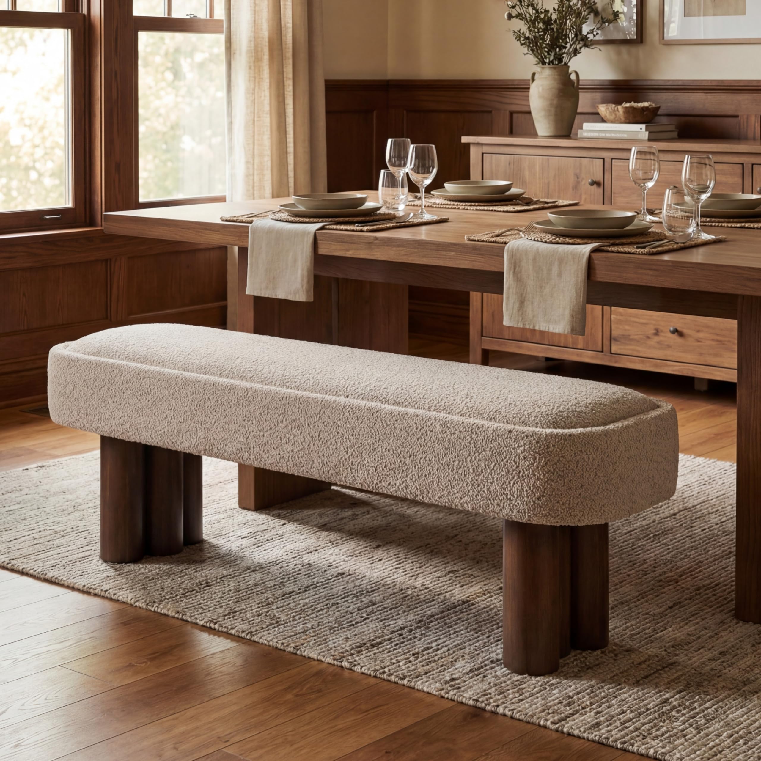 Photo 1 of Christopher Knight Home Damas 60.04" Fabric Upholstered Dining Bench, Wooden Entryway Bench, Long Sofa Footstool for Living Room, Bedroom End of Bed Bench, Khaki+Walnut