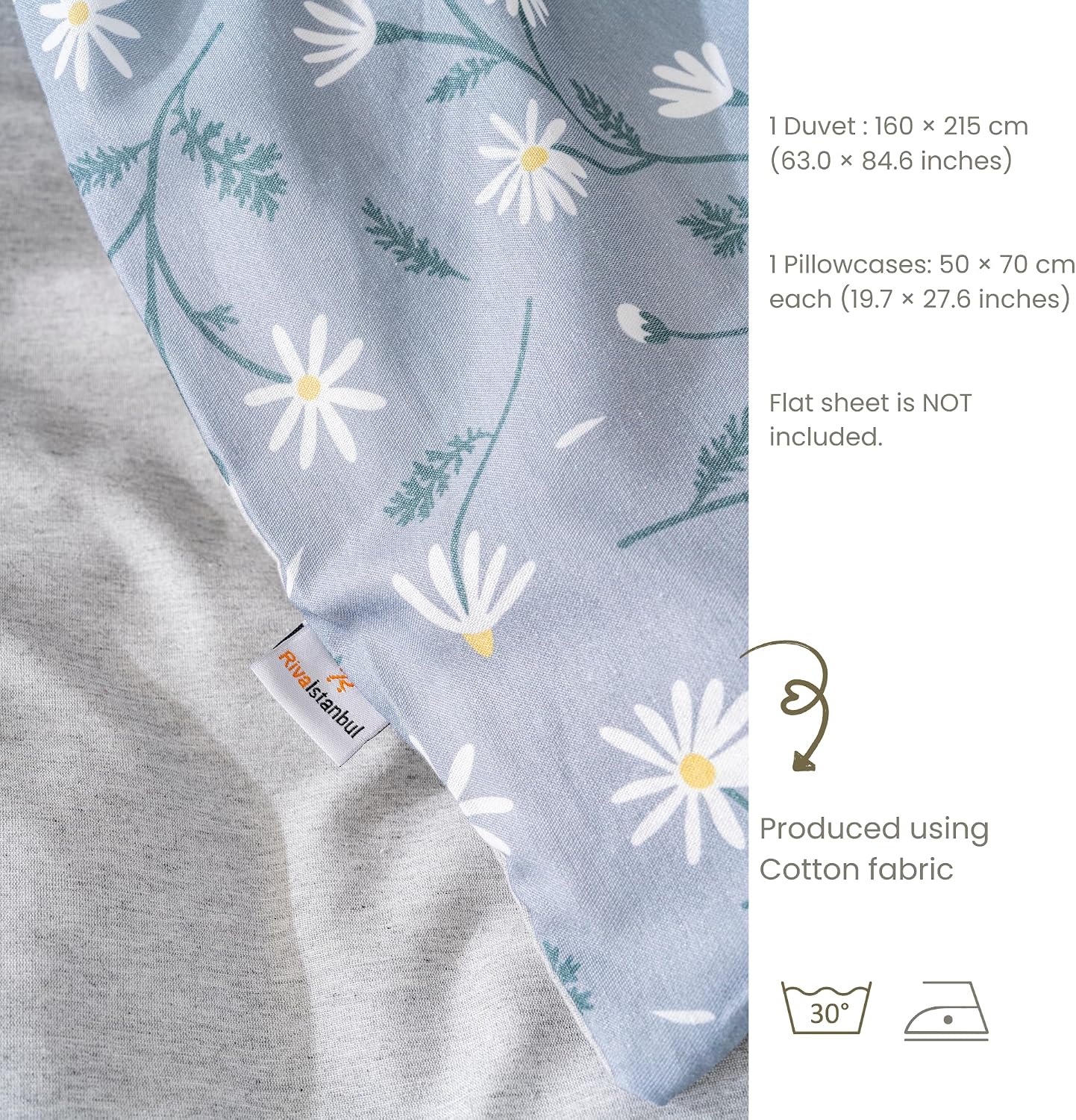 Cotton Duvet Cover Set for Full, Queen & King Beds | 3 Piece Bedding Set with Duvet Cover and Pillowcases, Soft Breathable Bed Linen for Adults & Couples (Gray Daisy, 63.0 × 84.6 inch)