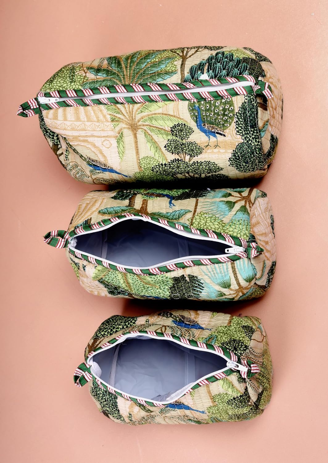 LKGSM RUGS 3pcs Quilted Cotton Tiger Print Travel Toiletry Bags, Cosmetic Organizer Set Make up Bag (C)