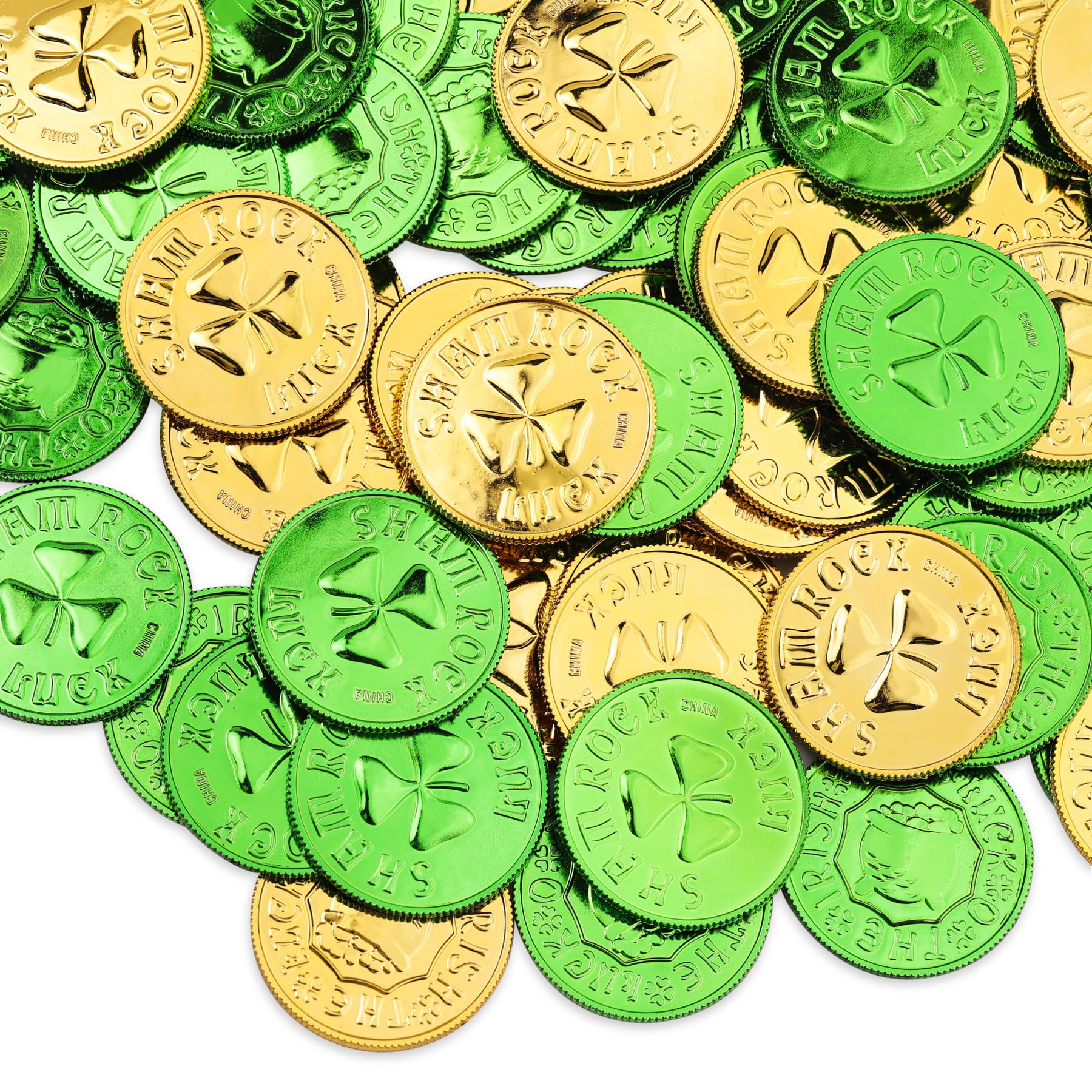 Apeso St. Patrick's Day Gold Coins - 120 Pieces Shamrock Plastic Lucky Coins in Green & Gold, Perfect for St. Patrick's Day Party Decorations,