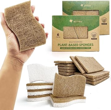 AIRNEX Pack of 6 S-Shape Non-Scratch Eco Dishwashing Sponge with Pack of 12 Scouring Pads for Pots and Pans