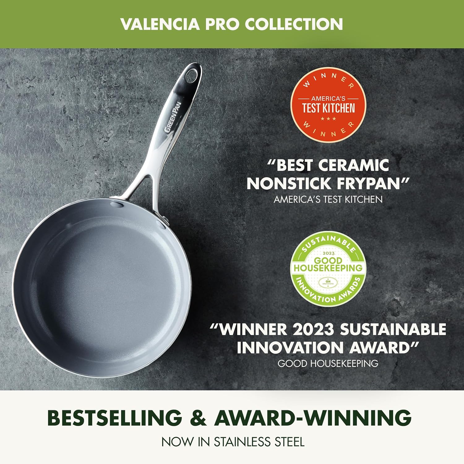 GreenPan Valencia Pro Tri-Ply Stainless Steel 9 Piece Cookware Set, PFAS-Free Ceramic Nonstick Coating, Induction Ready Pots & Pans, All Cooktops, Dishwasher & Oven Safe to 600F