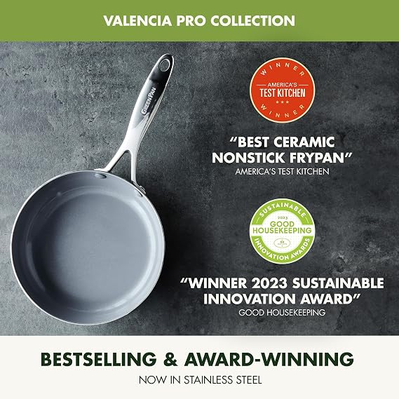 GreenPan Valencia Pro Tri-Ply Stainless Steel 9 Piece Cookware Set, PFAS-Free Ceramic Nonstick Coating, Induction Ready Pots & Pans, All Cooktops, Dishwasher & Oven Safe to 600F