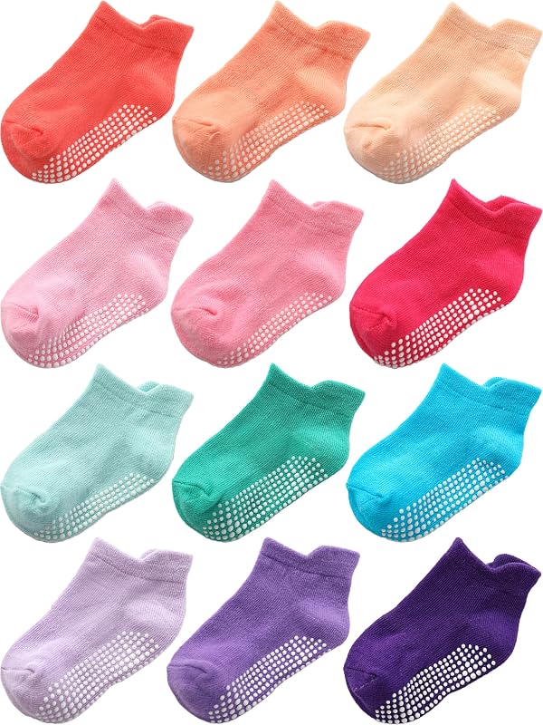 Toddler Socks Non Slip Grip Ankle Baby 12 Pack for Kids Boys Girls | Soft combed cotton; safety silicone on bottom; machine washable; fits 6M to 7Y children indoor outdoor play all season