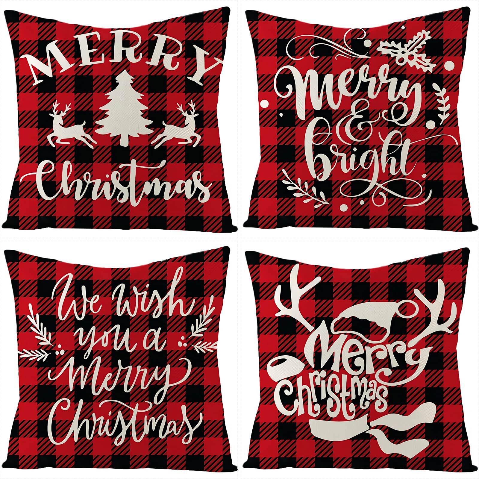 Christmas Pillow Covers 18 x 18 Inches Set of 4 Xmas Series Cushion Covers Decorative Print Christmas Zippered Square Throw Pillowcase for Home Christmas Décor (F)