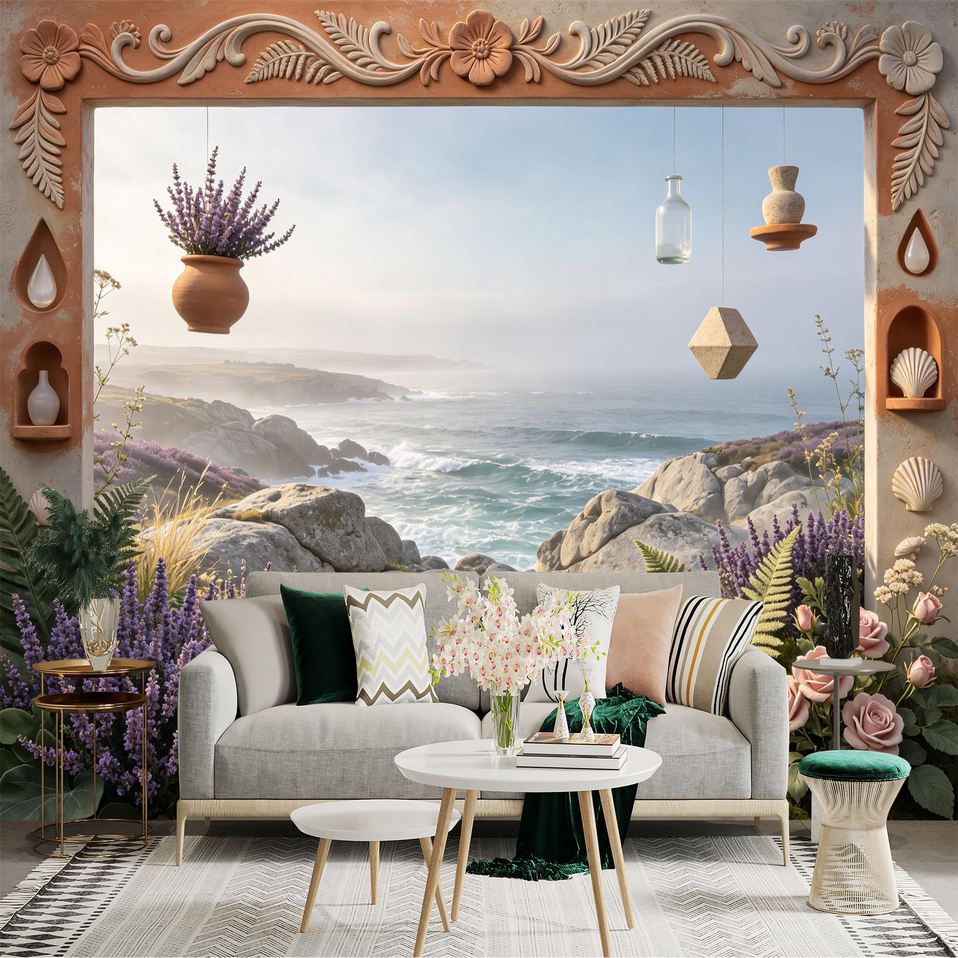Lnzczhyre Bh260719640 Custom Size Wall Sticker Mural， Coastal Ocean View With Lavender Flowers， Mediterranean Stone Window Frame， Serene Seaside Landscape， For Wall Decoration， Peelandstick Wall Decals.
