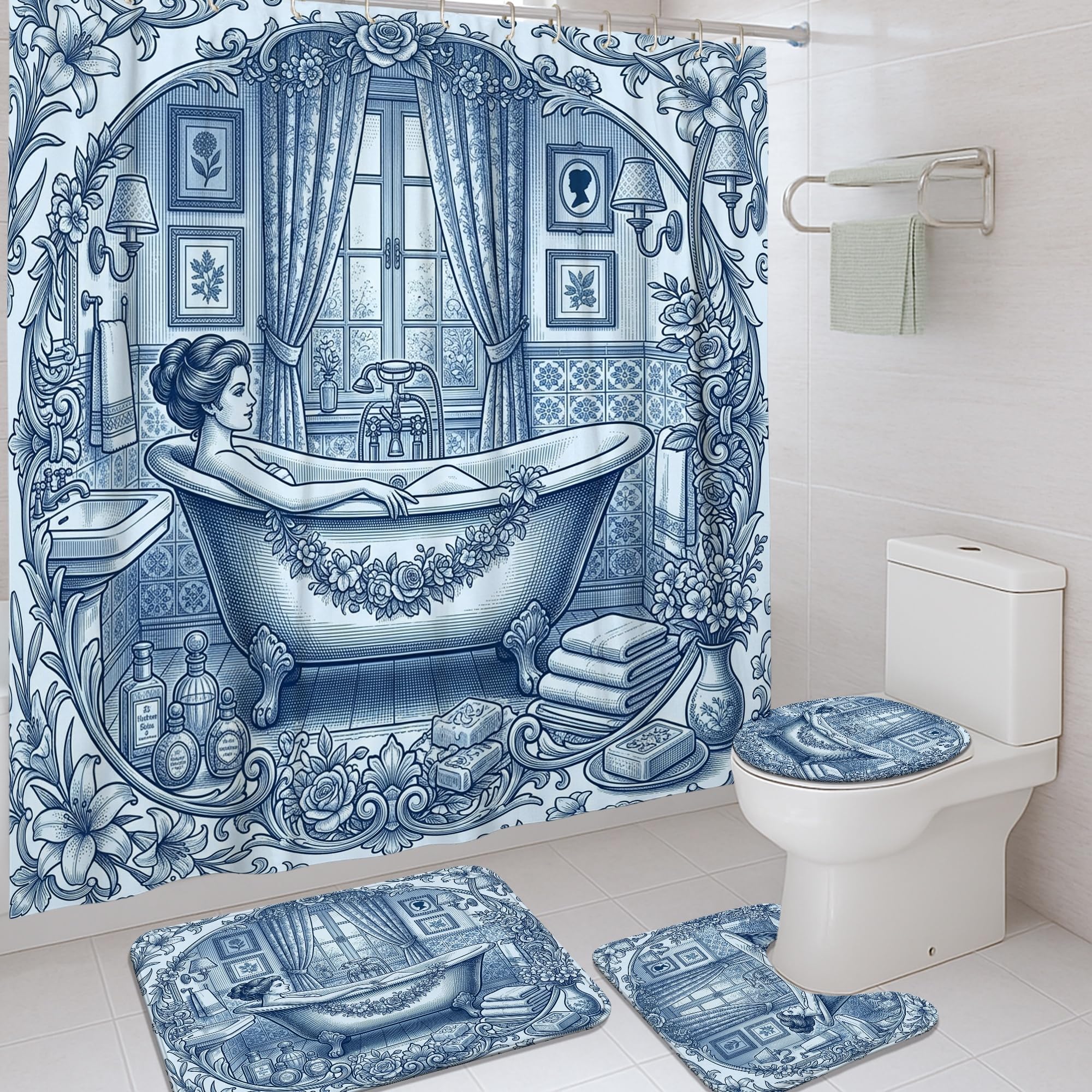 Rideau de douche fleuri chic 183 cm avec tapis haut de gamme lavable