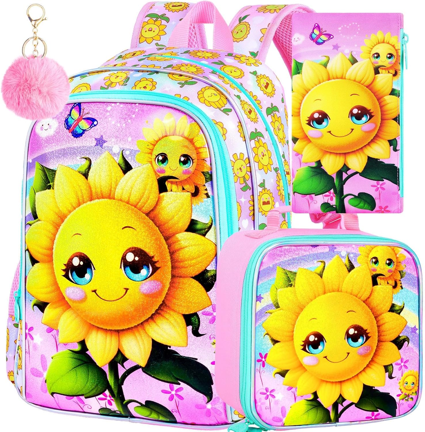 KLFVB 3PCS Smiling Sunflower Bookbag for Girls, Water Resistant Kids Backpack with Lunch Box, 16" Preschool Backpacks for Elementary - Smiling Sunflower Pink