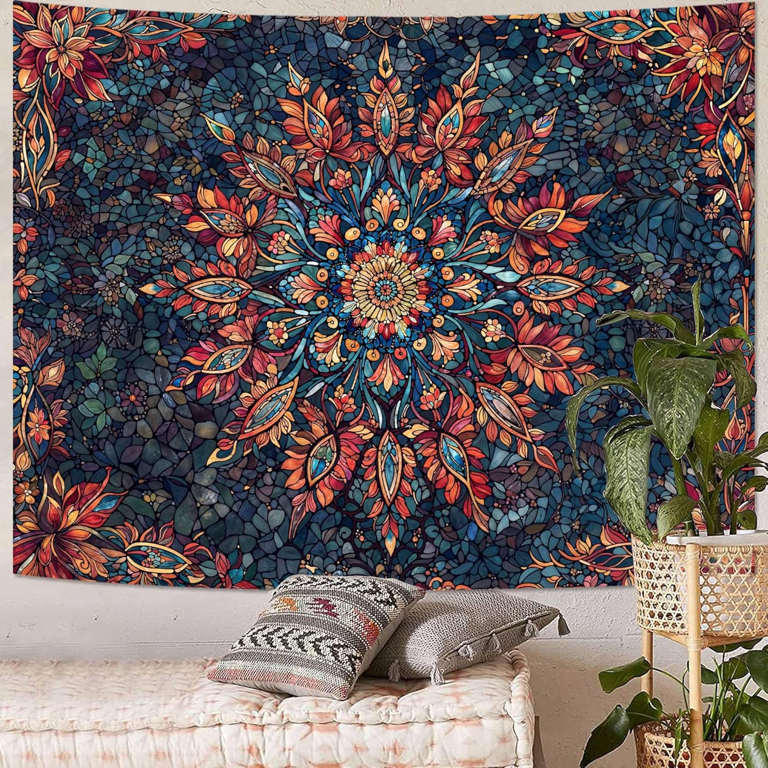 Accnicc Boho Floral Mandala Tapestry for Bedroom Hippie Bohemian Flower Wall Tapestry Aesthetic Extra Large Stained Glass Red Blue Tapestries Wall Hanging for Living Room Dorm Decor 90 x 68 Inch