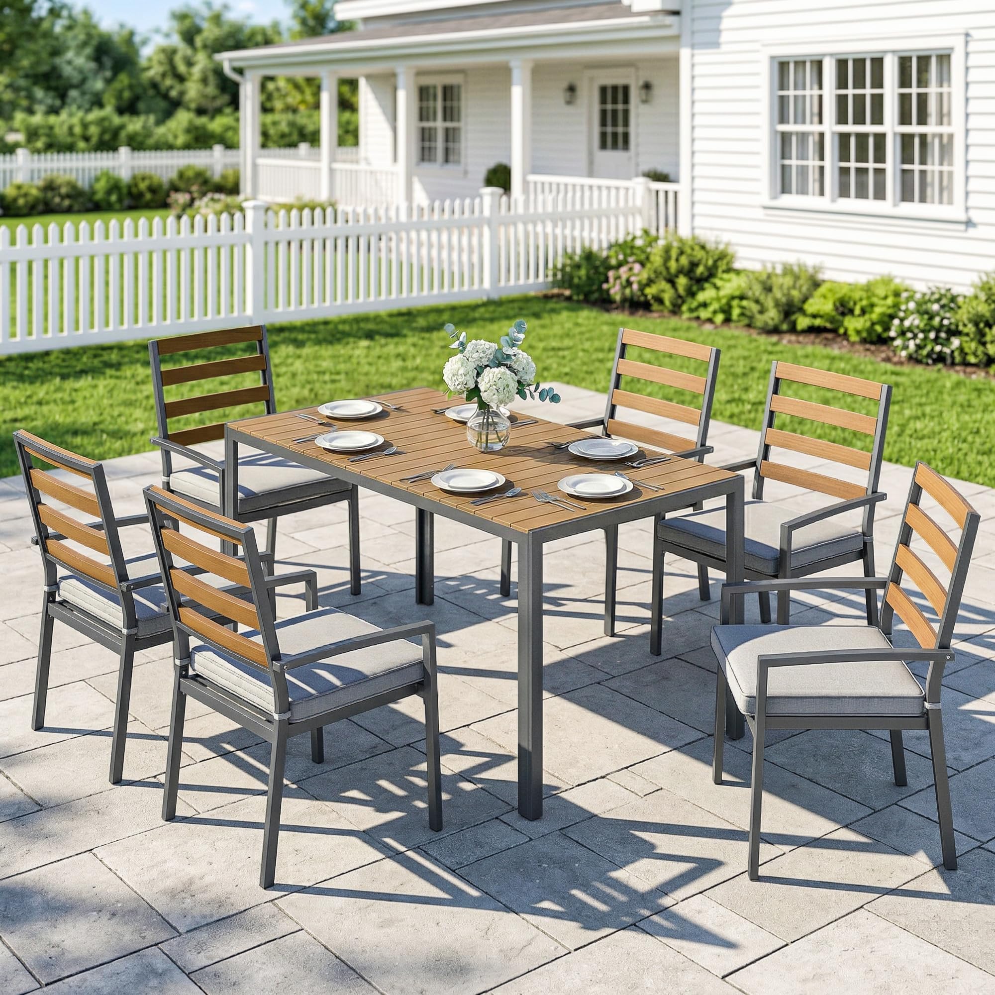 Outsunny 7 TLG. Sitzgruppe Gartenmöbel-Set, Gartengarnitur mit 1 Esstisch, 6 Stühlen, Sitzgarnitur mit Kissen, für Terrasse, Naturholz