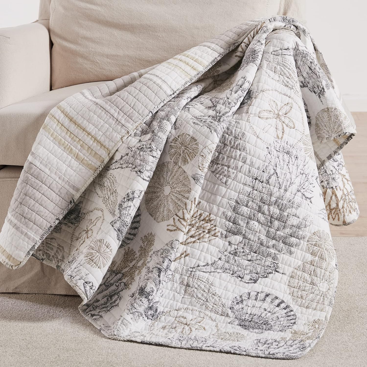 Levtex Home - Caspian Sea Neutral - Quilted Throw - 50x60in. - Coastal - Taupe, Cream, Grey - Reversible Pattern - Cotton Fabric