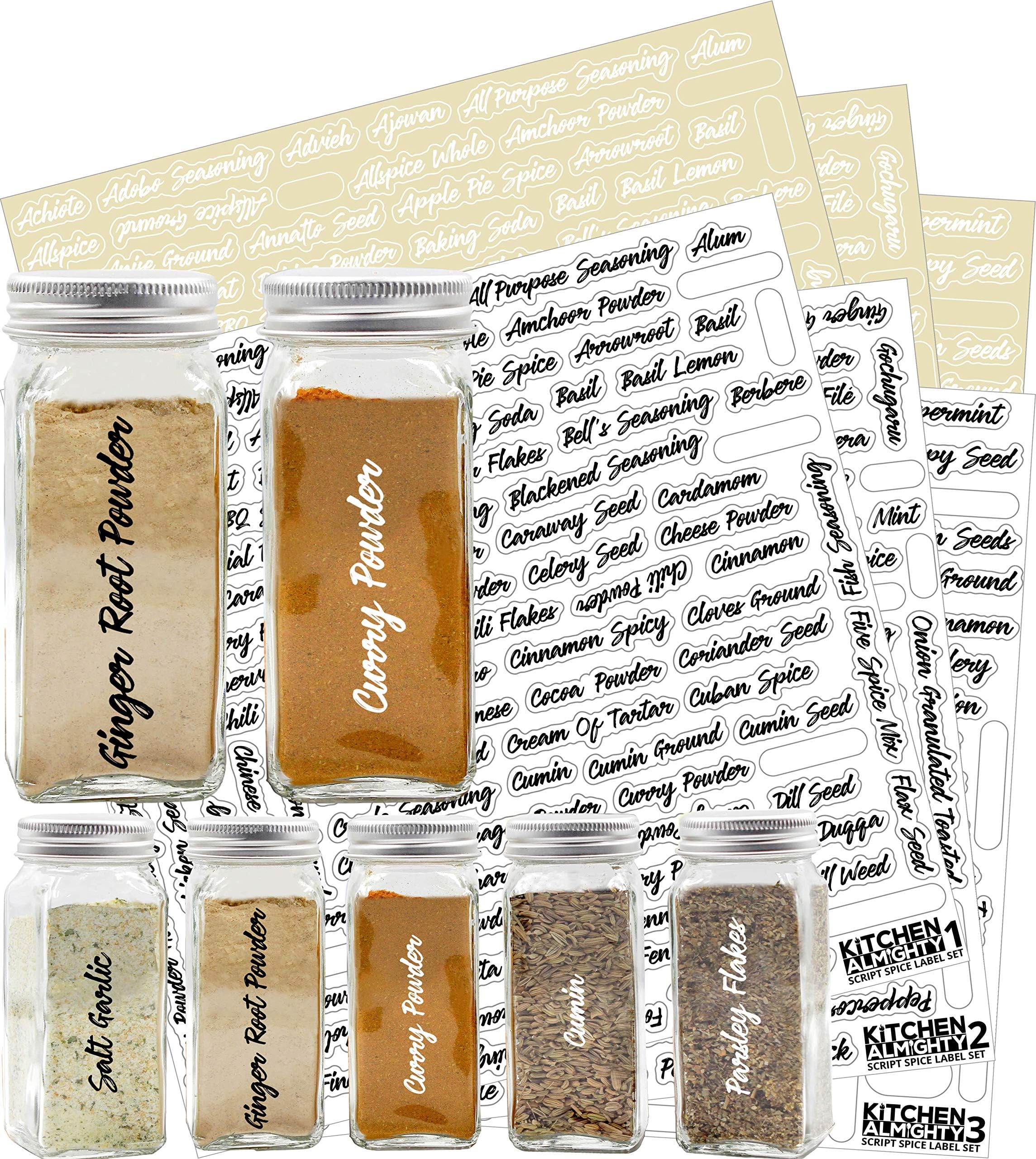 564 Labels: 484 Spice Names + 80 Blank Labels | Most Script Preprinted Black & White Letters Label Set | Alphabetized Spice Label System by KITCHEN ALMIGHTY | Spice Jar Labels Spice Rack Organization