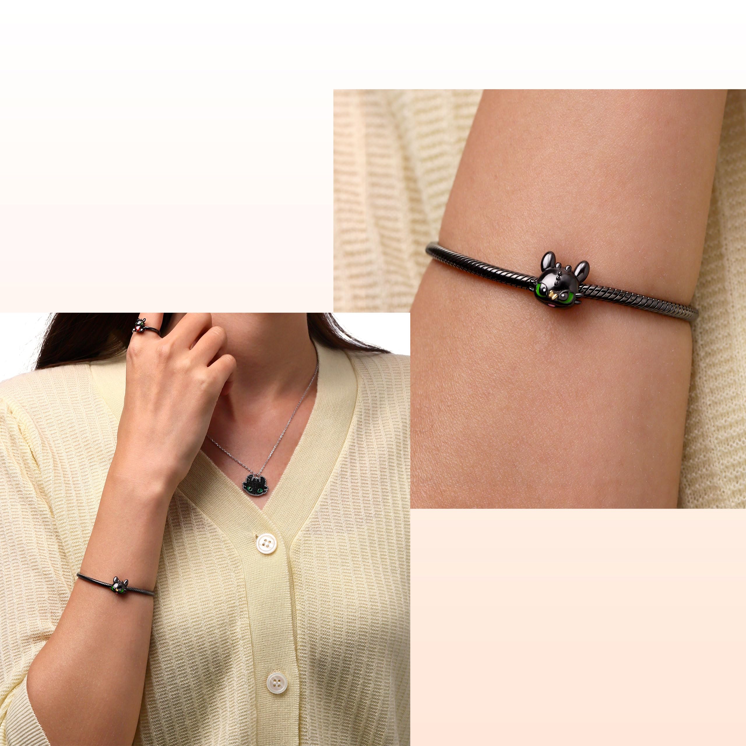 GNOCE How to Train Your Dragon Toothless Schwarz Drachen Charm Anhänger S925 Sterling Silber Charm Perlen für Armband Halskette Schmuck Geschenk für Damen Herren